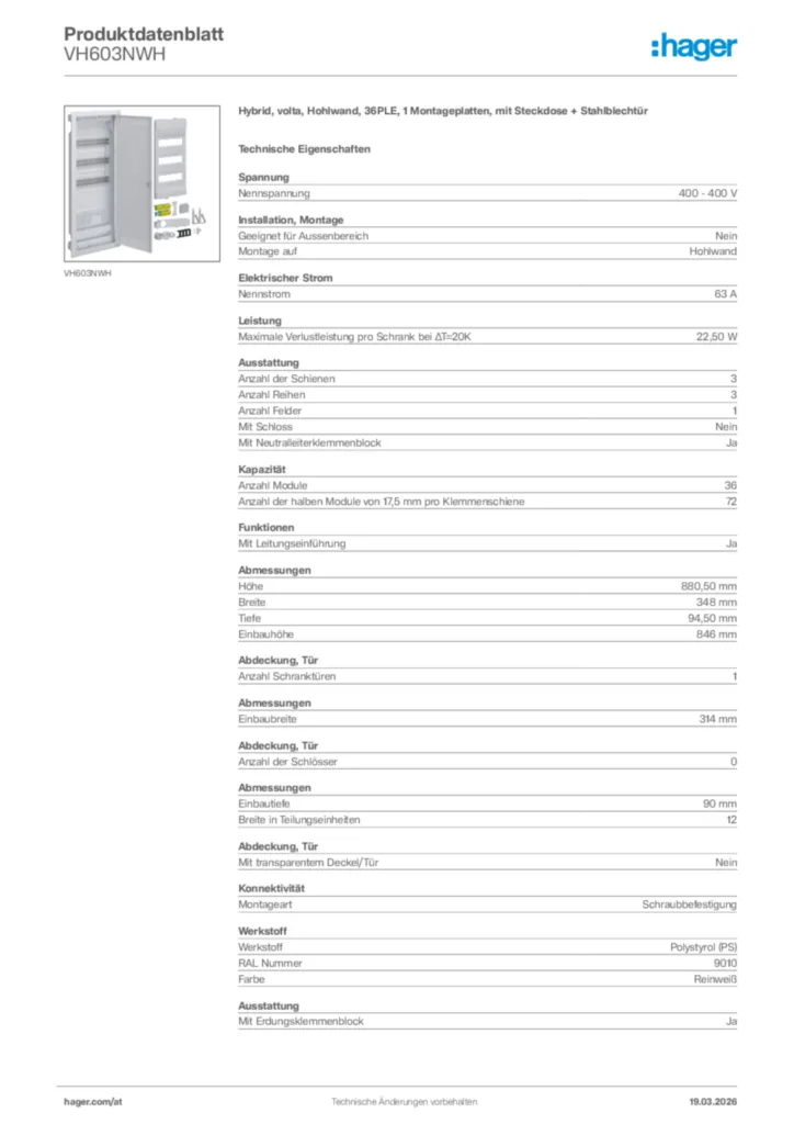 Bild Hager Produktdatenblatt VH603NWH | Hager Deutschland