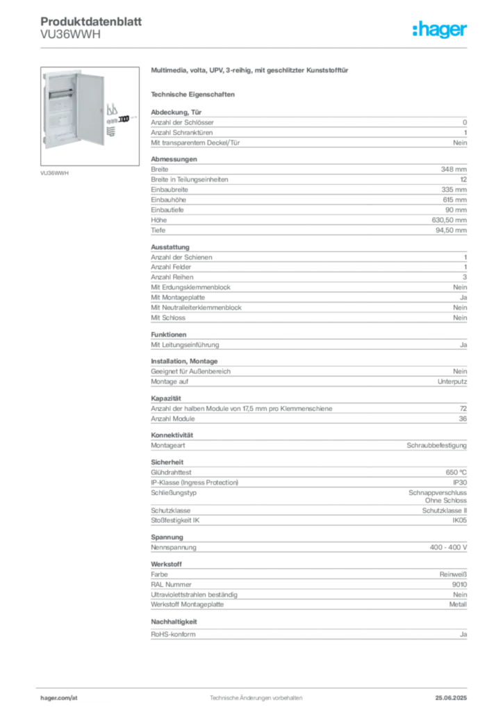 Bild Hager Produktdatenblatt VU36WWH | Hager Deutschland