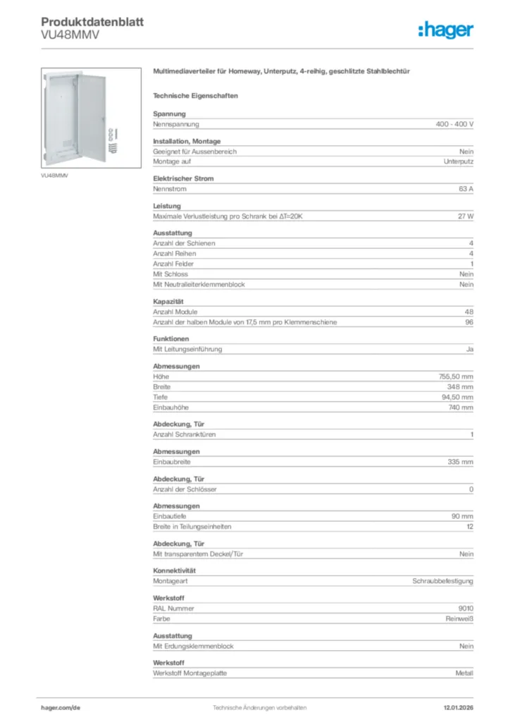 Bild Hager Produktdatenblatt VU48MMV | Hager Deutschland