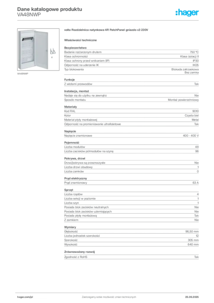 Zdjęcie Hager Dane katalogowe produktu VA48NWP | Hager Polska