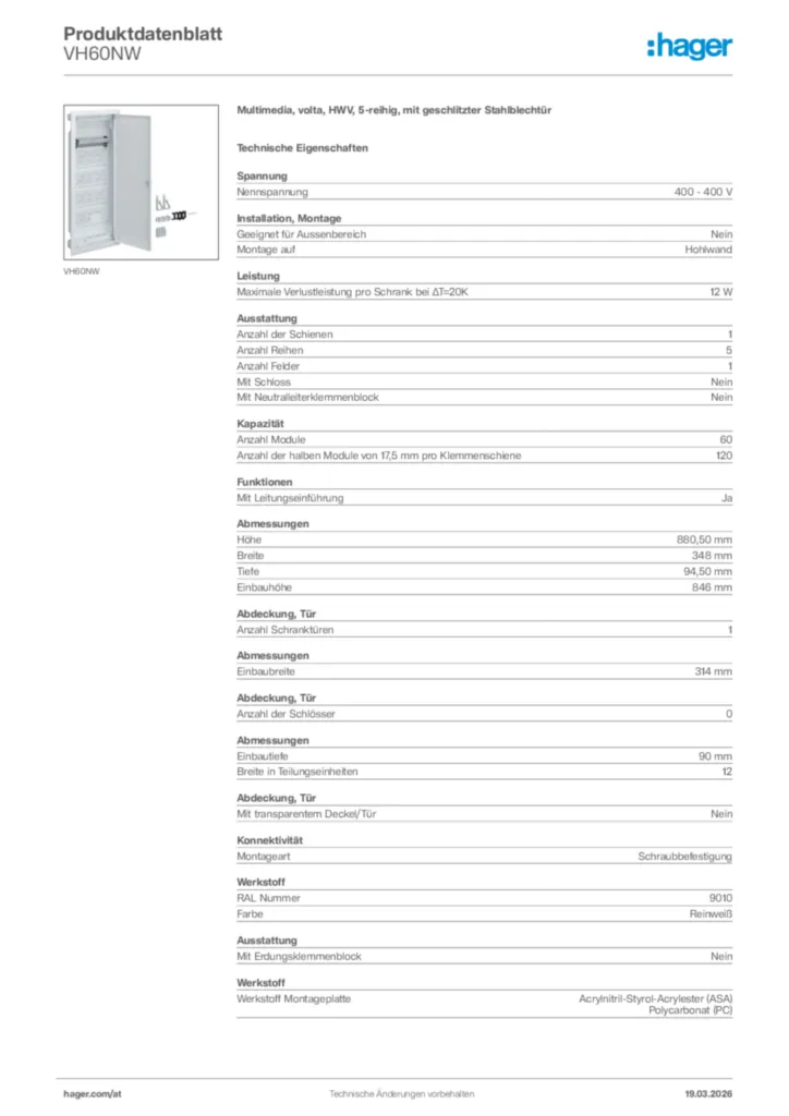 Bild Hager Produktdatenblatt VH60NW | Hager Deutschland