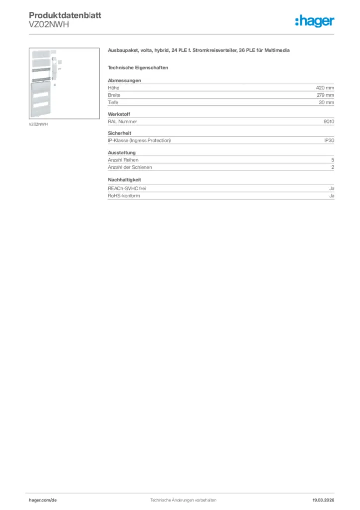 Bild Hager Produktdatenblatt VZ02NWH | Hager Deutschland