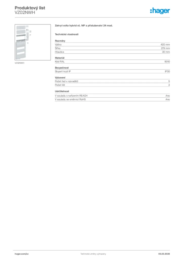 Obrázek Hager Product data sheet VZ02NWH | Hager