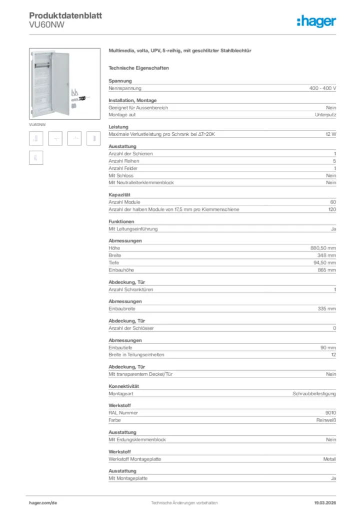 Bild Hager Produktdatenblatt VU60NW | Hager Deutschland