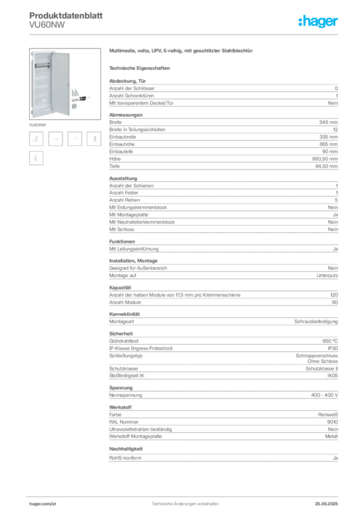Bild Hager Produktdatenblatt VU60NW | Hager Deutschland