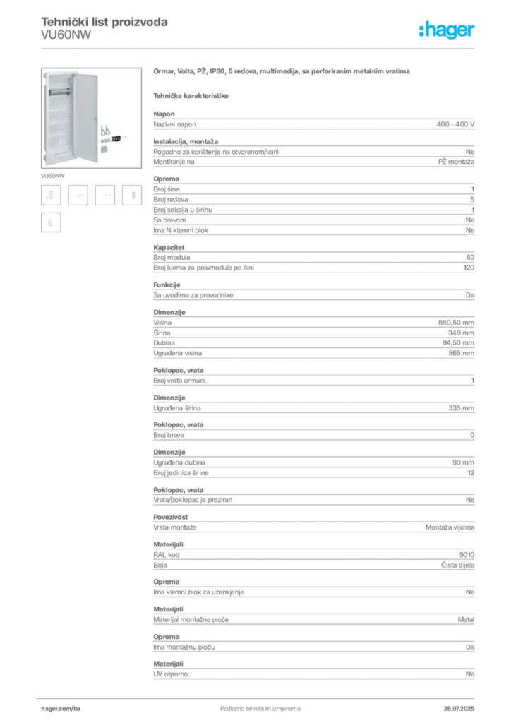 Slika Hager Product data sheet VU60NW  | Hager