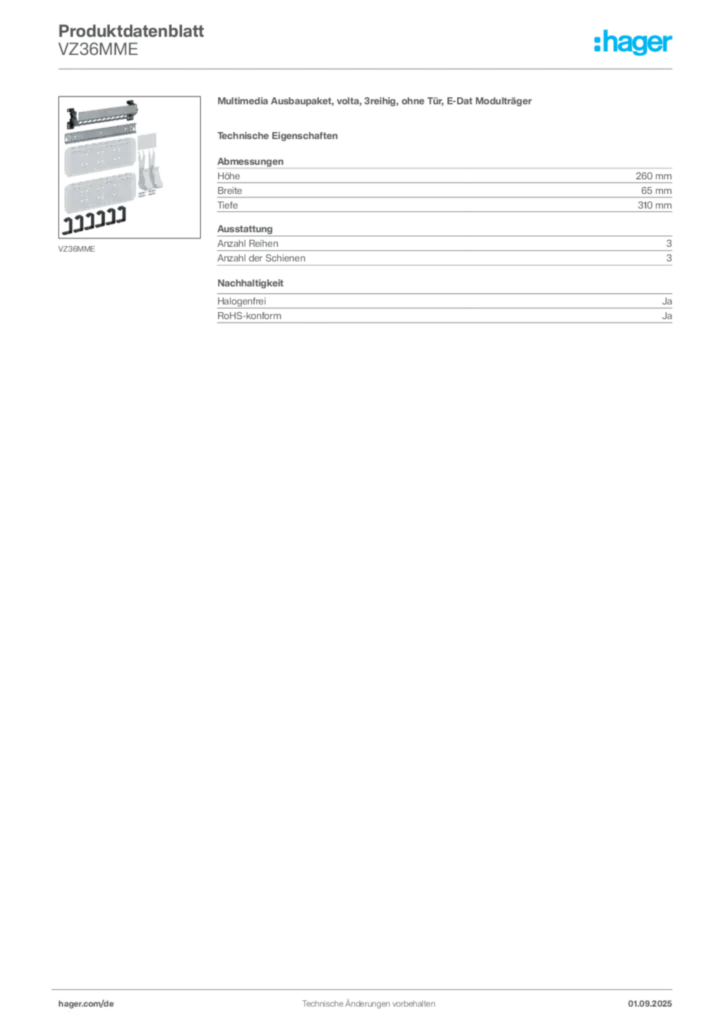 Bild Hager Produktdatenblatt VZ36MME | Hager Deutschland