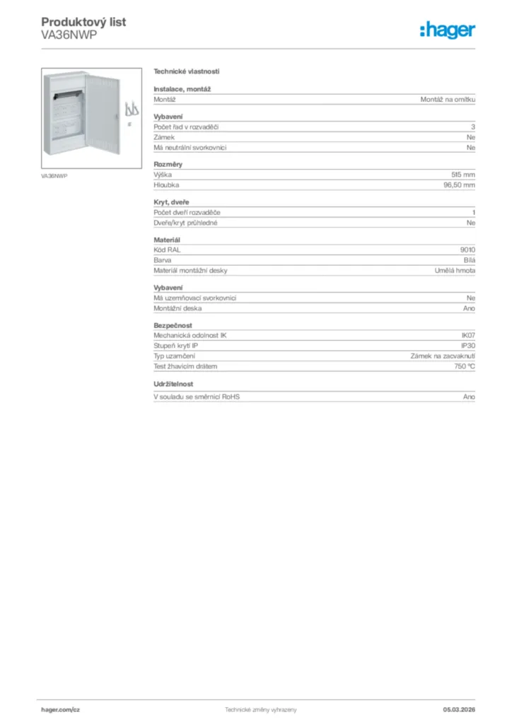 Obrázek Hager Product data sheet VA36NWP | Hager