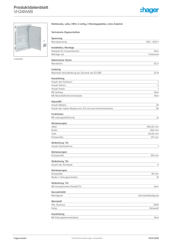Bild Hager Produktdatenblatt VH24NWB | Hager Deutschland