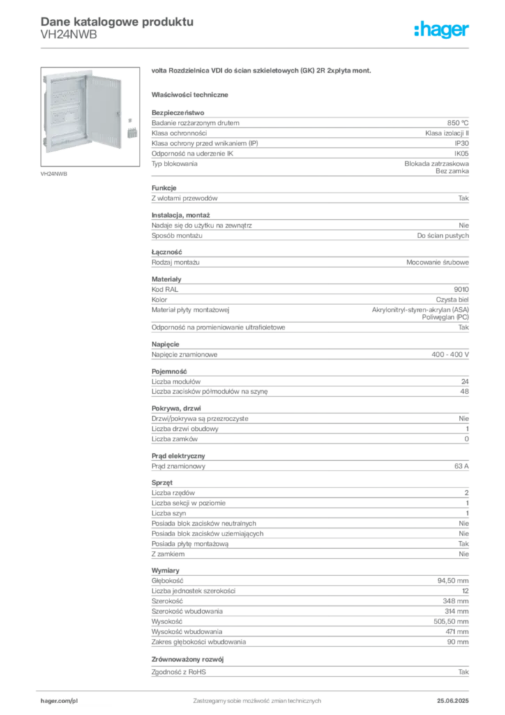 Zdjęcie Hager Dane katalogowe produktu VH24NWB | Hager Polska