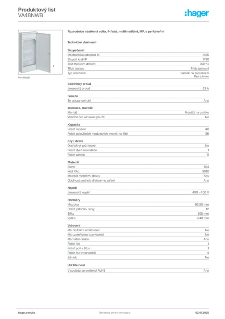 Obrázek Hager Produktový list VA48NWB | Hager