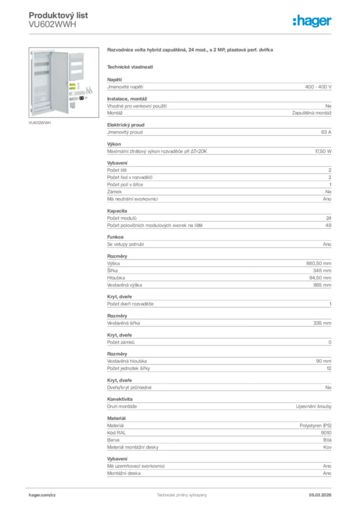 Obrázek Hager Product data sheet VU602WWH | Hager