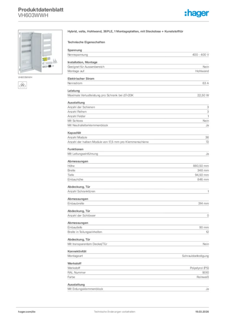 Bild Hager Produktdatenblatt VH603WWH | Hager Deutschland