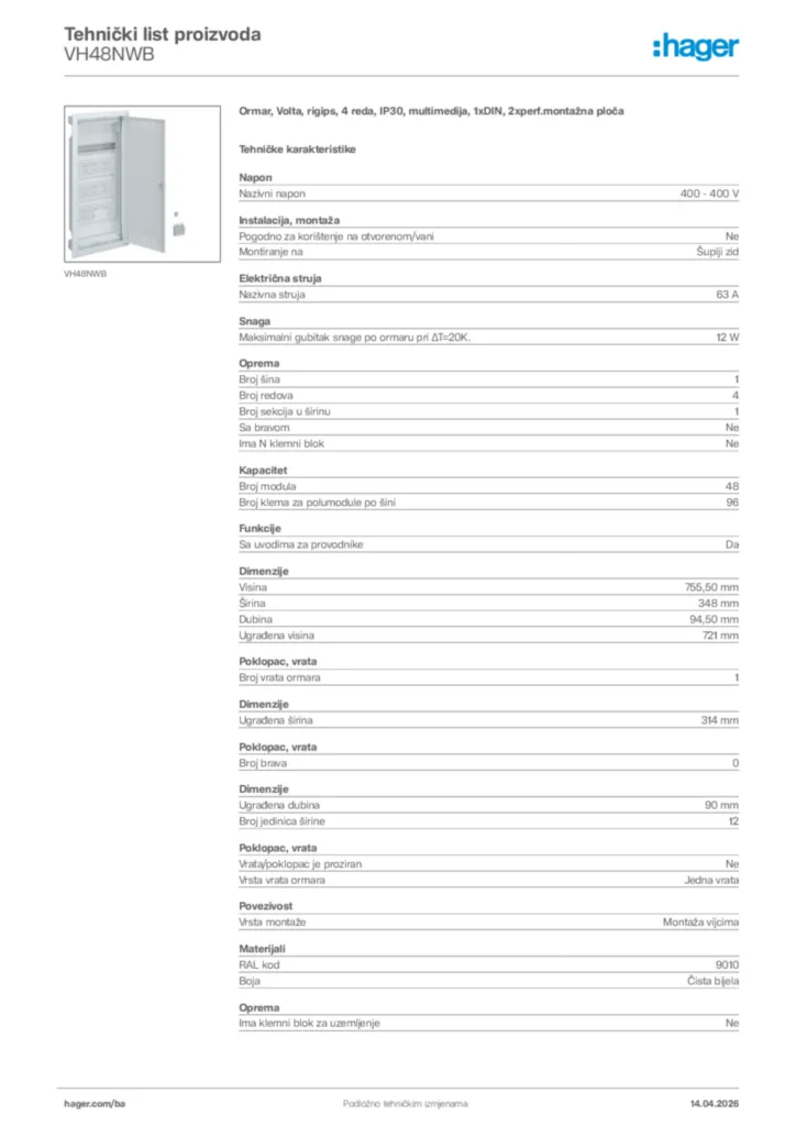 Slika Hager Tehnički list proizvoda VH48NWB  | Hager