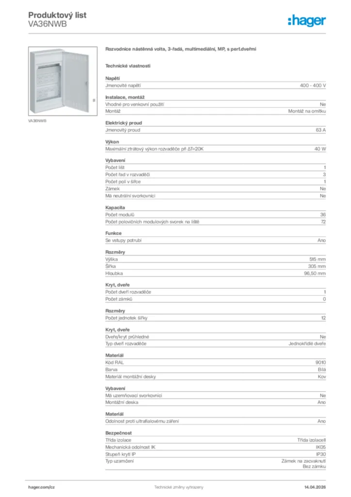 Obrázek Hager Product data sheet VA36NWB | Hager