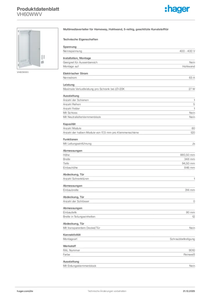 Bild Hager Produktdatenblatt VH60WWV | Hager Deutschland