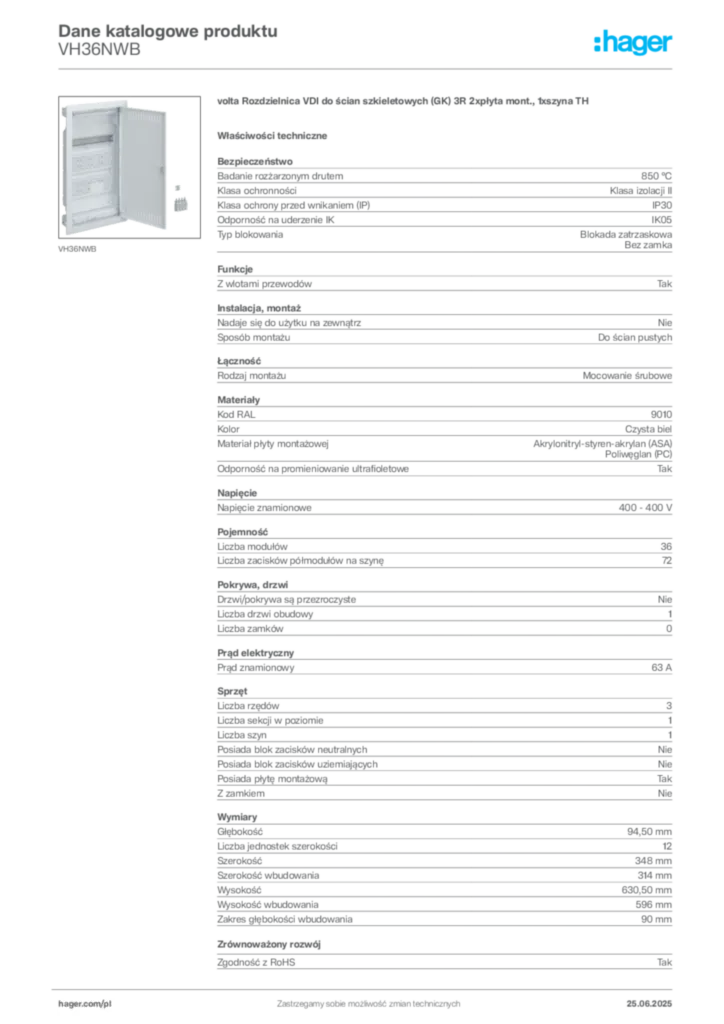 Zdjęcie Hager Dane katalogowe produktu VH36NWB | Hager Polska