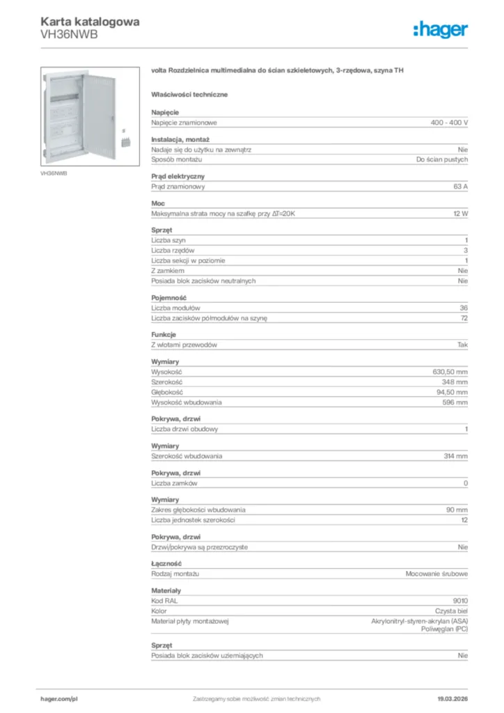 Zdjęcie Hager Karta katalogowa VH36NWB | Hager Polska