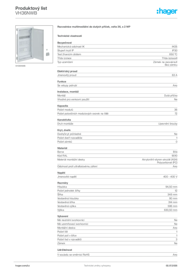 Obrázek Hager Produktový list VH36NWB | Hager