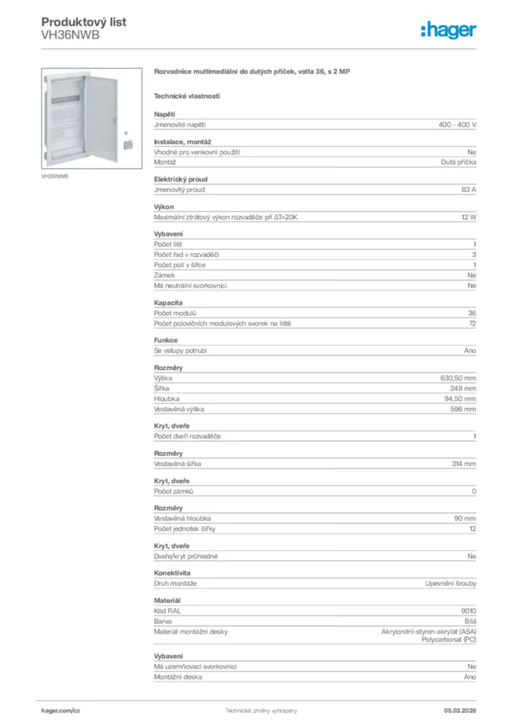 Obrázek Hager Product data sheet VH36NWB | Hager