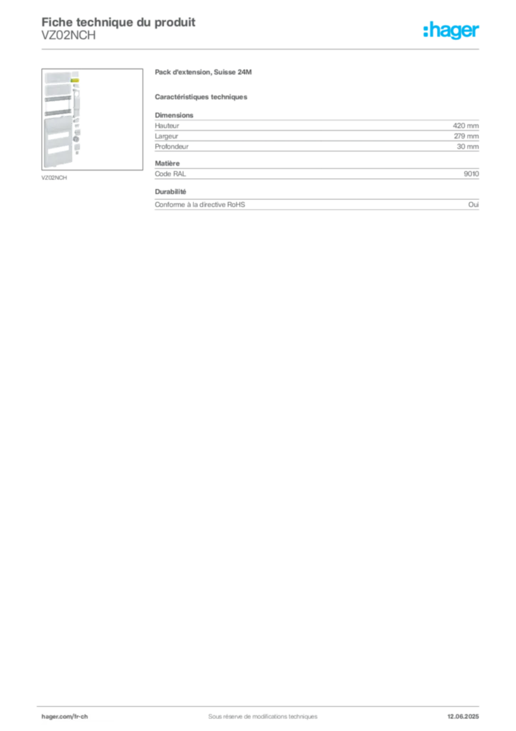 Image Hager Fiche technique du produit VZ02NCH | Hager Suisse