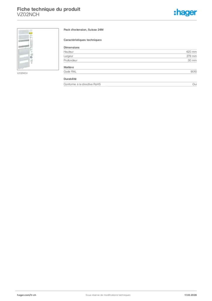 Image Hager Fiche technique du produit VZ02NCH | Hager Suisse