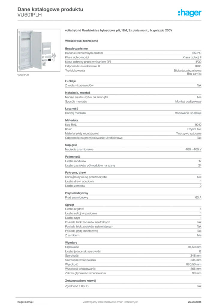 Zdjęcie Hager Dane katalogowe produktu VU601PLH | Hager Polska