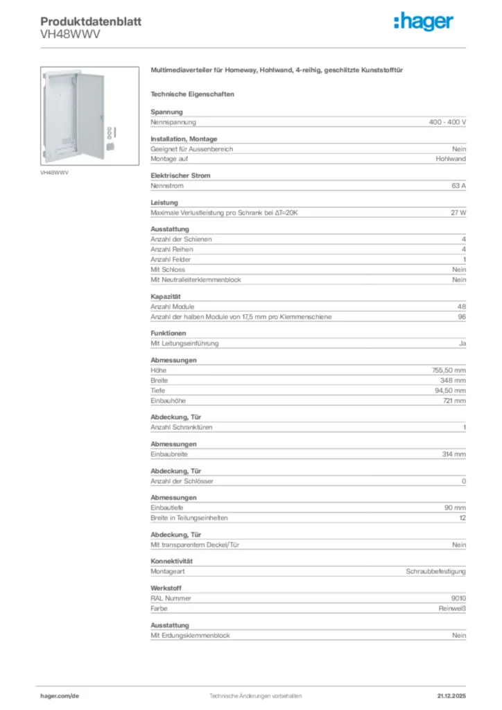 Bild Hager Produktdatenblatt VH48WWV | Hager Deutschland