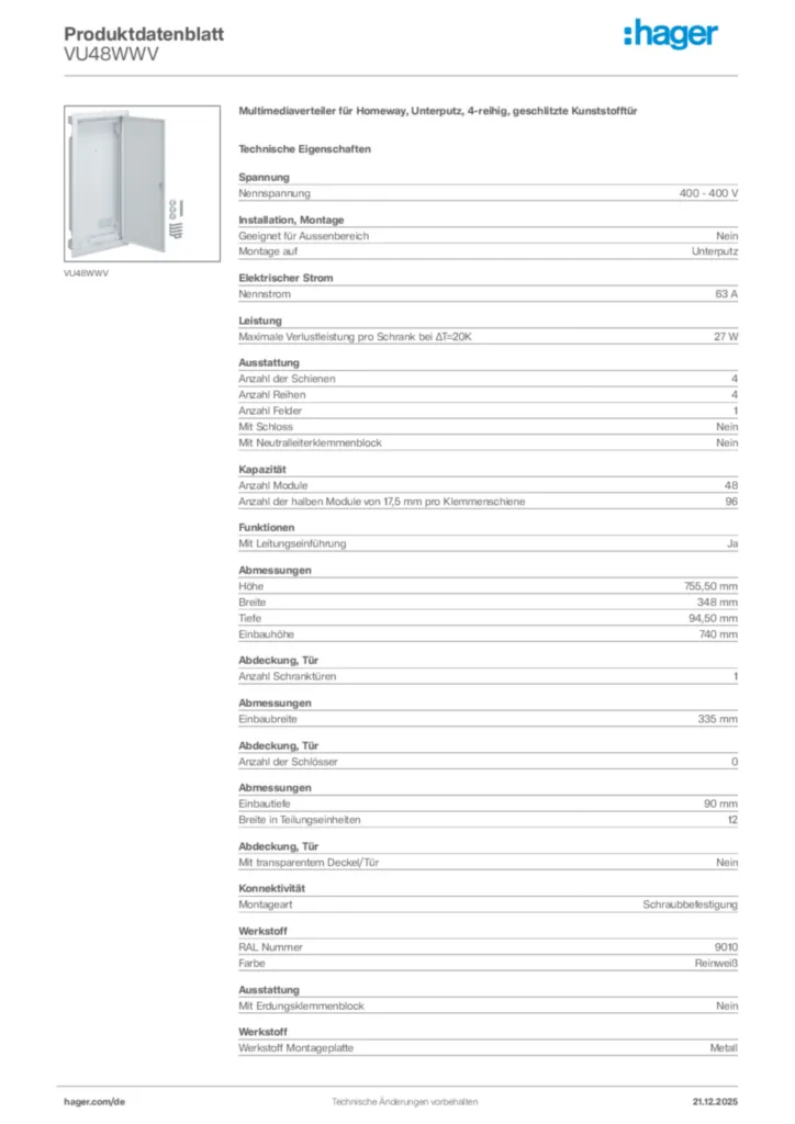 Bild Hager Produktdatenblatt VU48WWV | Hager Deutschland