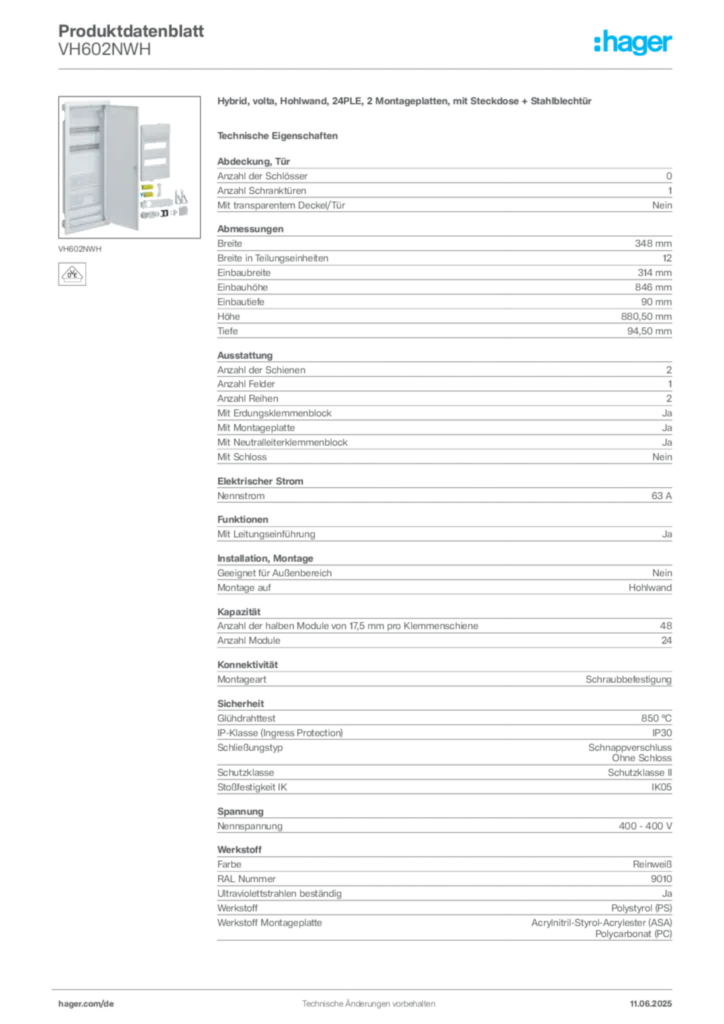 Hager Produktdatenblatt VH602NWH