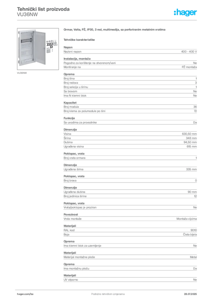 Slika Hager Product data sheet VU36NW  | Hager