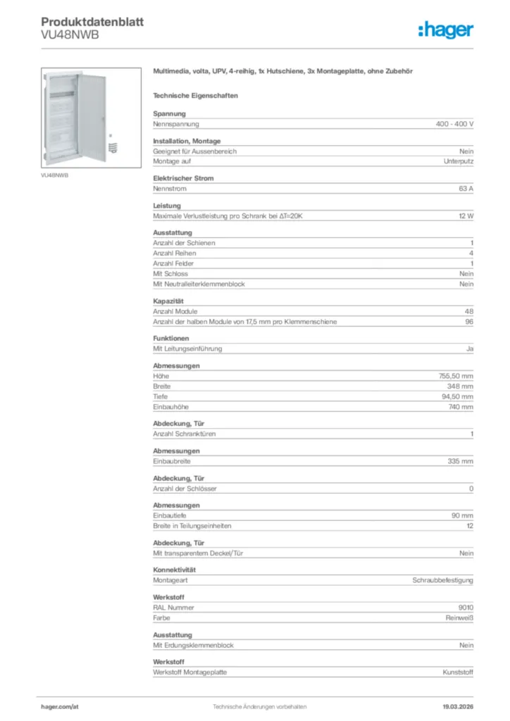 Bild Hager Produktdatenblatt VU48NWB | Hager Deutschland