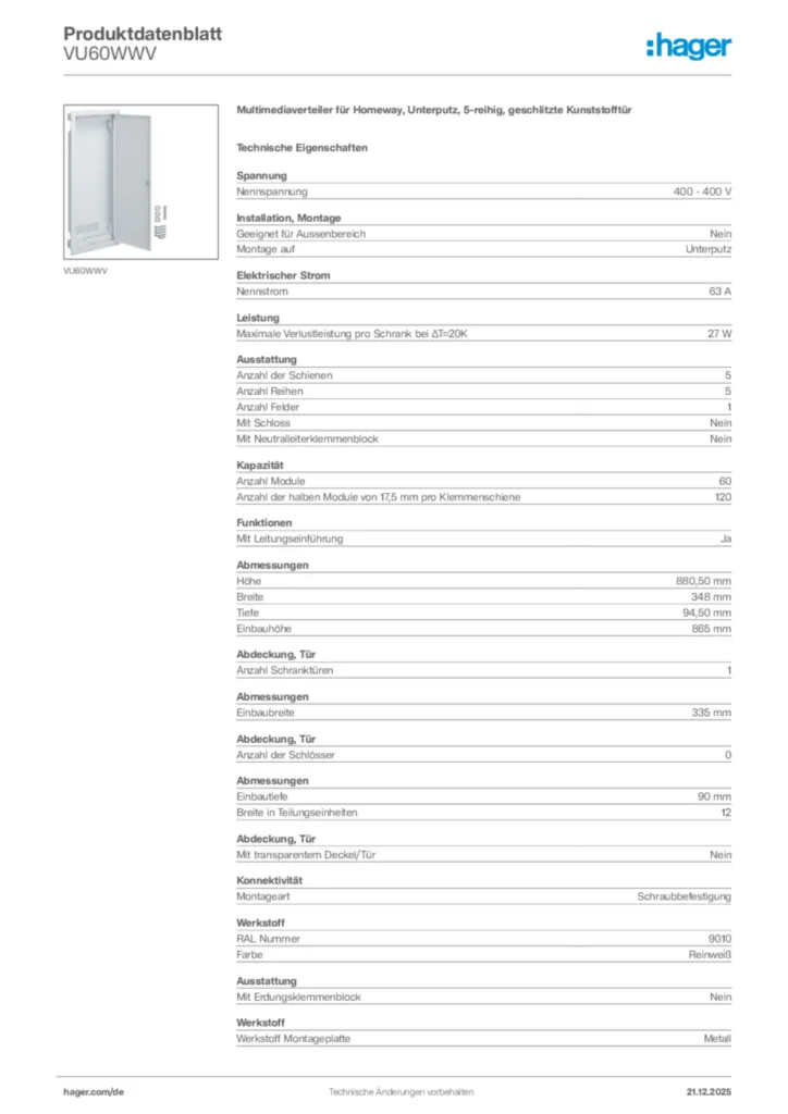 Bild Hager Produktdatenblatt VU60WWV | Hager Deutschland