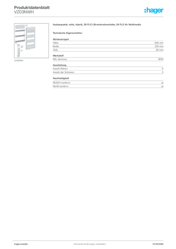Hager Produktdatenblatt VZ03NWH