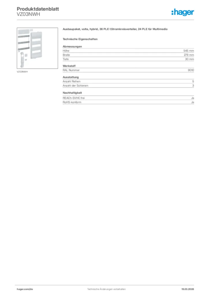 Bild Hager Produktdatenblatt VZ03NWH | Hager Deutschland