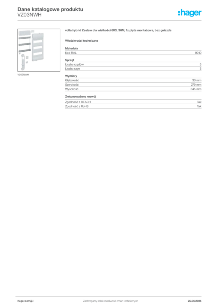 Zdjęcie Hager Dane katalogowe produktu VZ03NWH | Hager Polska