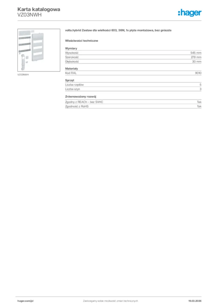 Zdjęcie Hager Karta katalogowa VZ03NWH | Hager Polska