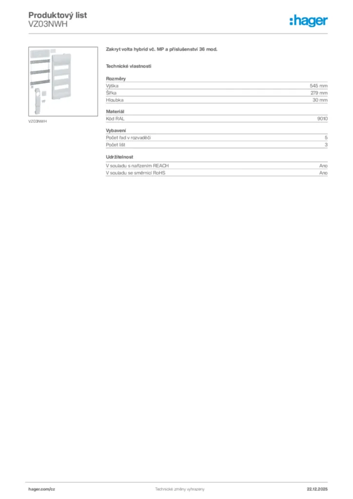 Obrázek Hager Produktový list VZ03NWH | Hager