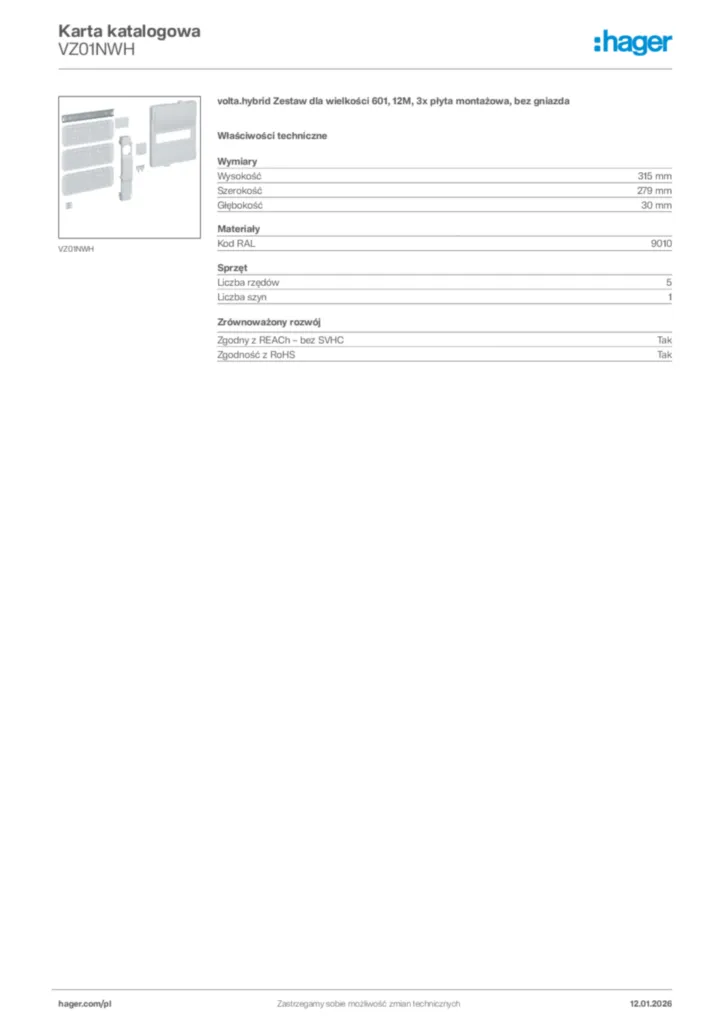 Zdjęcie Hager Karta katalogowa VZ01NWH | Hager Polska