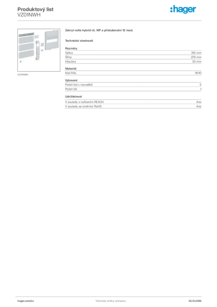 Obrázek Hager Produktový list VZ01NWH | Hager