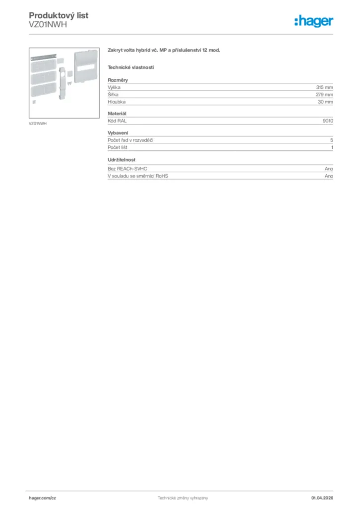 Obrázek Hager Product data sheet VZ01NWH | Hager
