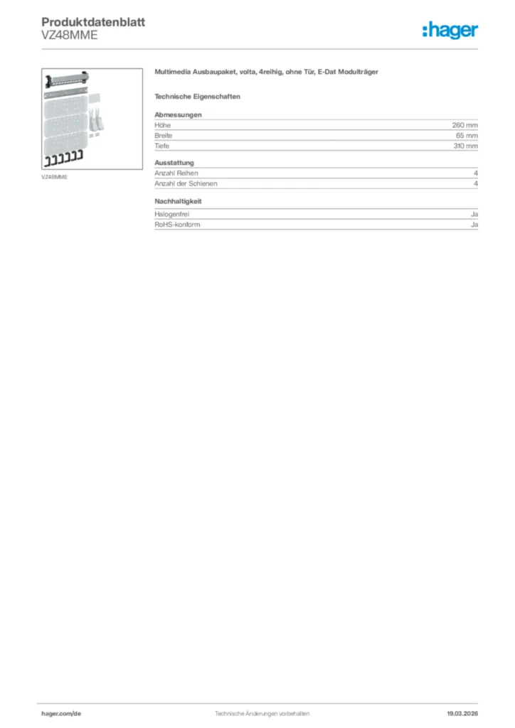 Bild Hager Produktdatenblatt VZ48MME | Hager Deutschland