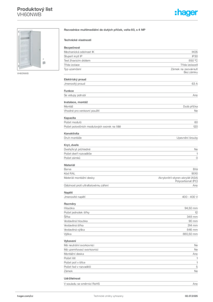 Obrázek Hager Produktový list VH60NWB | Hager