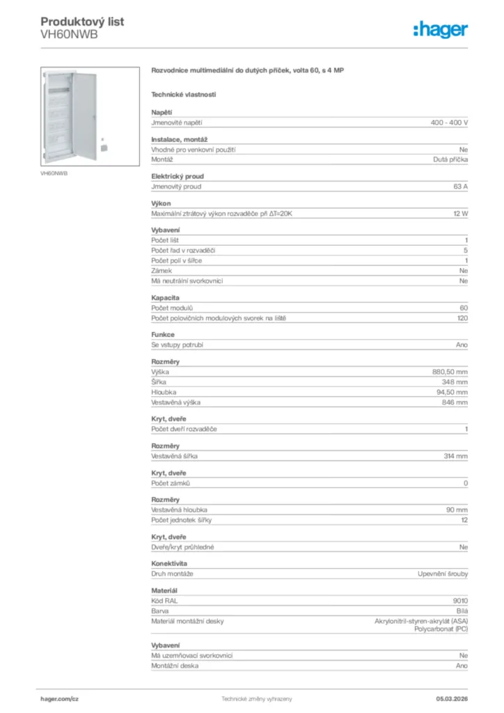 Obrázek Hager Product data sheet VH60NWB | Hager