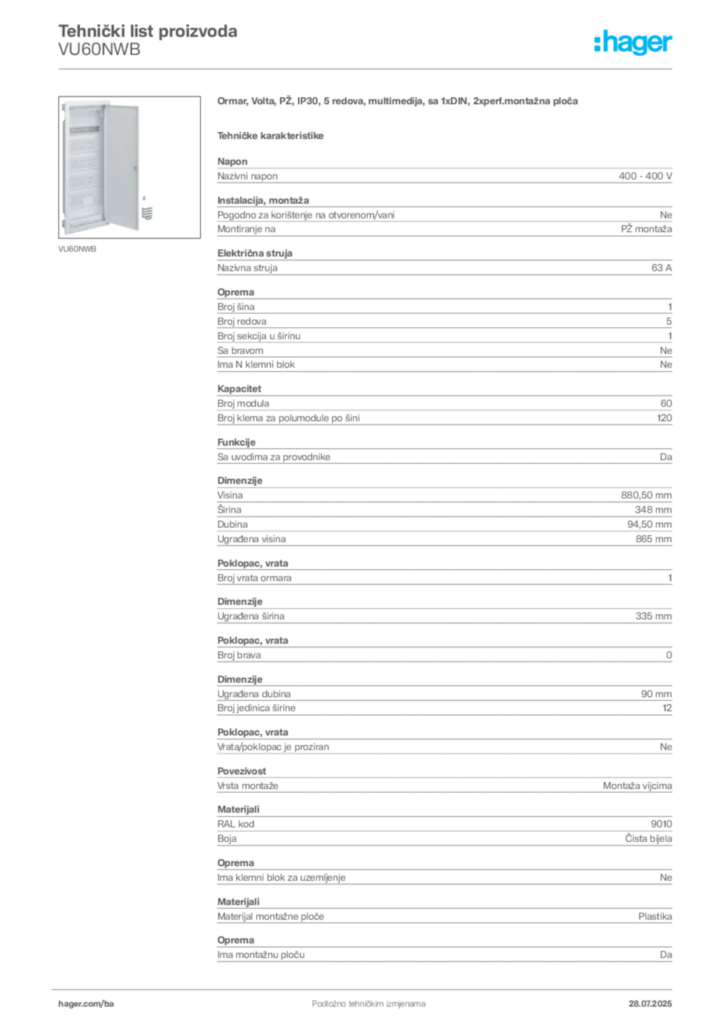 Slika Hager Product data sheet VU60NWB  | Hager