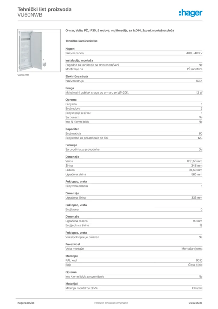 Slika Hager Tehnički list proizvoda VU60NWB  | Hager