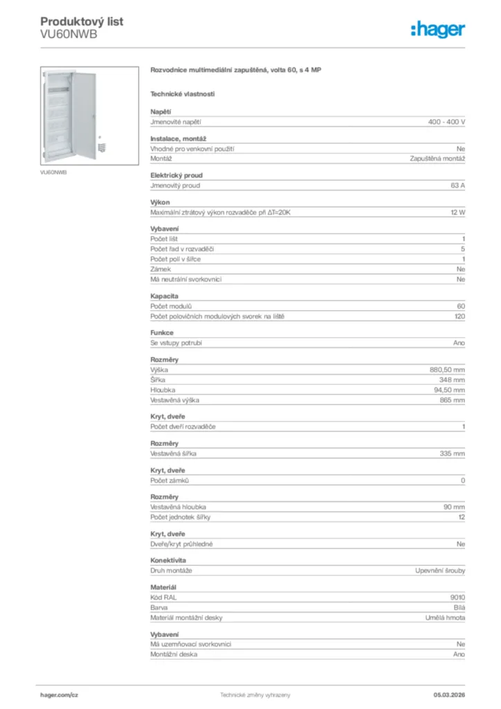 Obrázek Hager Product data sheet VU60NWB | Hager