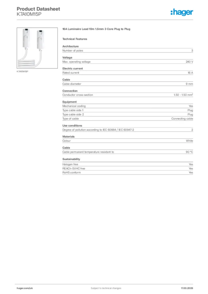 Image Hager Product data sheet K7A10M15P  | Hager