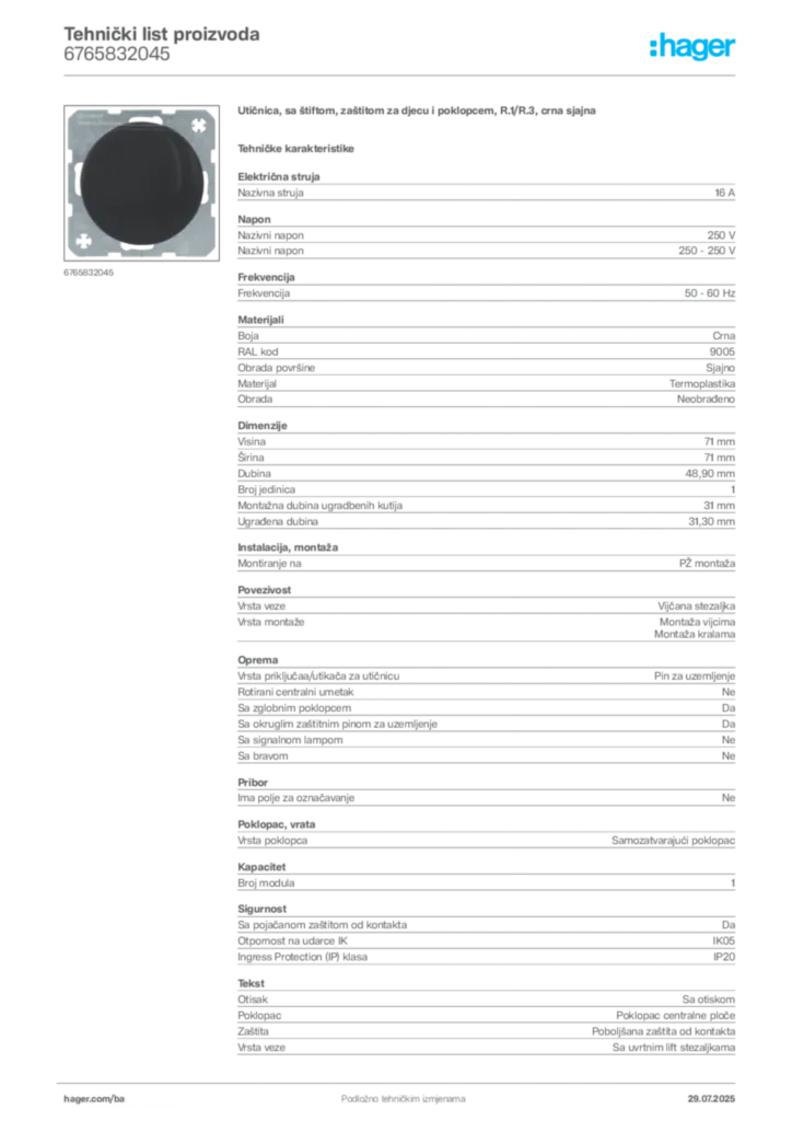 Slika Hager Product data sheet 6765832045  | Hager