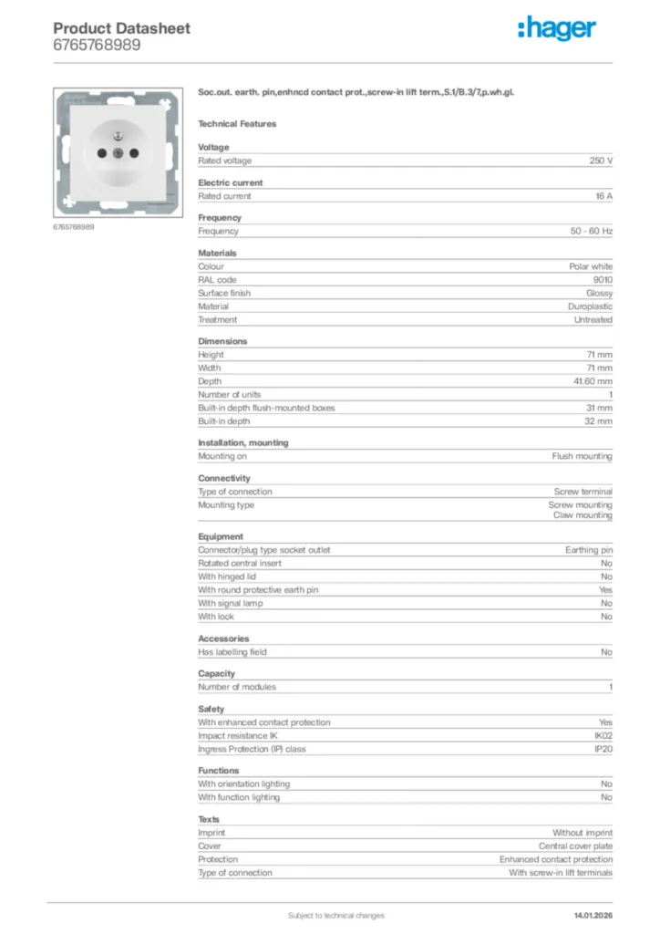 Image Hager Product data sheet 6765768989  | Hager